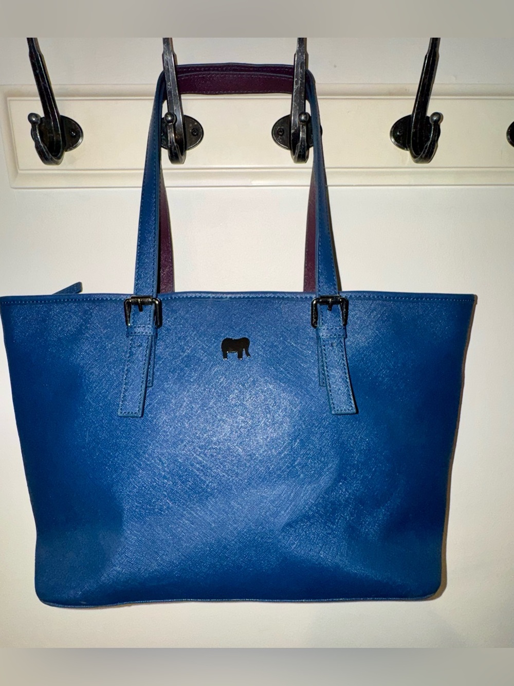 Mywalit Large Denim Blue Textured Leather Tote Bag with Contrast Plum Detail